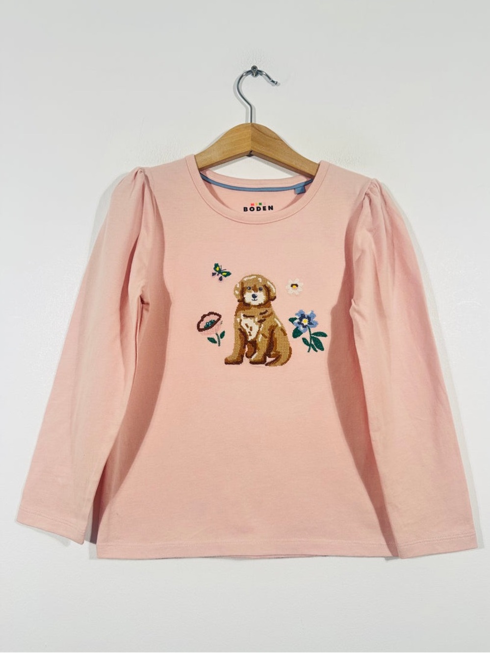 Mini Boden Embroidered Cross Stitch Puppy Love Pink Tee Long Sleeve. 24